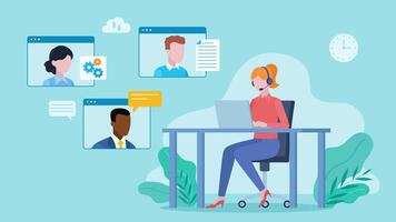 Woman customer support assistans sits at a desk and writes on a computer. A window with chat with customers. Speech bubbles. Document icon and gears icon. Animation in flat style video