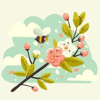 Floral landscape of a branch with flowers, leaves and a bee. Sakura buds in the wind surrounded by spring clouds and warm vibes. vector