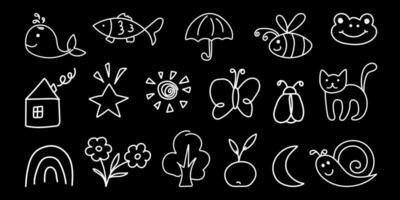Kid crayon illustrations. Hand drawn Pencil or marker underline set. Child geometric abstract elements. Children lines icons, arrow, figures, brush, chalk scribble. Shapes in doodle style. vector