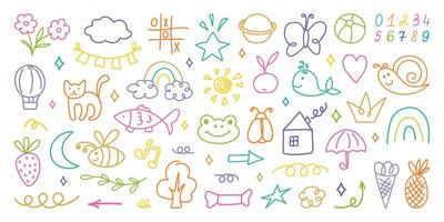 Hand drawn kid crayon illustrations. Pencil or marker underline set. Child geometric abstract elements. Children lines icons, arrow, figures, brush, chalk scribble. Shapes in doodle style vector