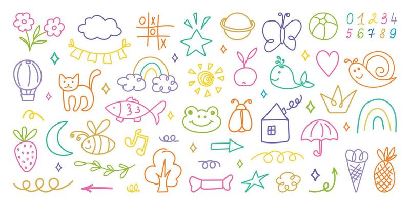 Hand drawn kid crayon illustrations. Pencil or marker underline set. Child geometric abstract elements. Children lines icons, arrow, figures, brush, chalk scribble. Shapes in doodle style