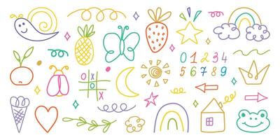 Hand drawn kid crayon illustrations. Pencil or marker underline set. Child geometric abstract elements. Children lines icons, arrow, figures, brush, chalk scribble. Shapes in doodle style. vector