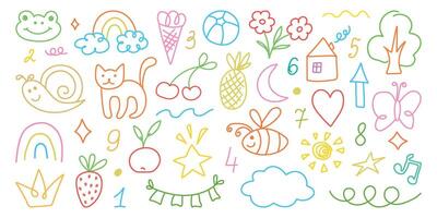 Hand drawn kid crayon illustrations. Pencil or marker underline set. Child geometric abstract elements. Shapes in doodle style. Children lines icons, chalk scribble, arrow, figures, brush. vector