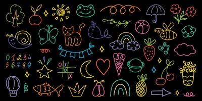 Kid crayon illustrations. Hand drawn Pencil or marker underline set. Child abstract elements. Lines icons, arrow, geometric figures, brush, chalk scribble. Children Shapes in doodle style. vector
