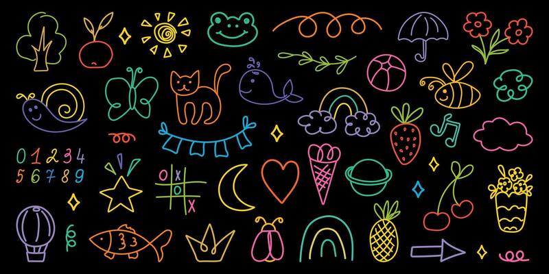 Kid crayon illustrations. Hand drawn Pencil or marker underline set. Child abstract elements. Lines icons, arrow, geometric figures, brush, chalk scribble. Children Shapes in doodle style.