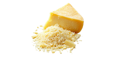 Chunk of hard parmesan cheese and grated pieces isolated on transparent background png