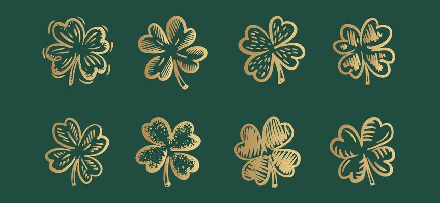 Gold Clover pattern on green, Saint Patricks Day, hand drawn illustrations