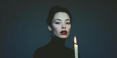 A Candlelit Portrait Showcasing an Elegant and Captivating Mood Created with Gentle Light photo