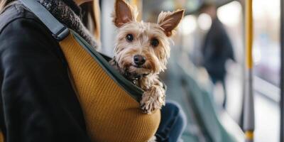A person traveling with a dog on public transport is a delightful sight to behold photo