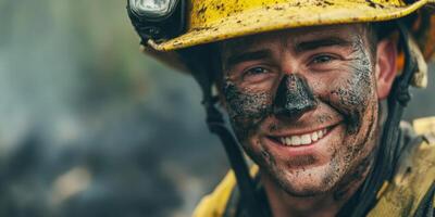 A Smiling Wildfire Firefighter Proudly Stands Amidst the Ashes of a Devastating Blaze photo