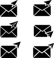 a set of six black and white mail envelopes with paper airplanes vector