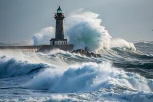 Storm waves crash against the rocks, the lighthouse standing steadfast amidst the relentless fury of the sea photo