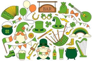 set of St. Patrick's Day, simple linear icons, Irish folk musical instruments, festive flags, garlands, leprechauns, clover leaves, good luck symbols, retro vintage style vector