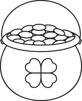 St. Patrick's Day, a full pot of gold coins, a four-leaf clover, a black and white linear icon isolated on a white transparent background vector