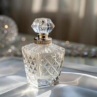 Elegant crystal perfume bottle, catching and refracting the light in a multitude of beautiful colors photo