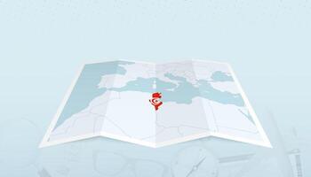Map of Tunisia with the flag of Tunisia in the contour of the map on a trip abstract backdrop. vector