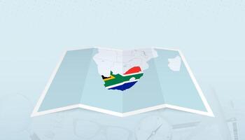 Map of South Africa with the flag of South Africa in the contour of the map on a trip abstract backdrop. vector