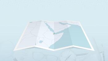 Map of Djibouti with the flag of Djibouti in the contour of the map on a trip abstract backdrop. vector