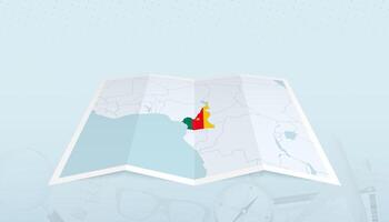 Map of Cameroon with the flag of Cameroon in the contour of the map on a trip abstract backdrop. vector