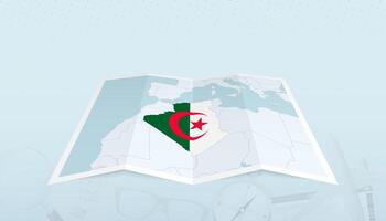 Map of Algeria with the flag of Algeria in the contour of the map on a trip abstract backdrop. vector