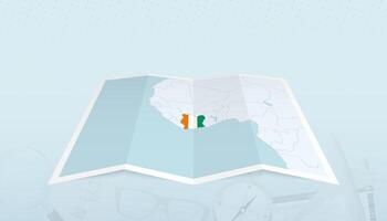 Map of Ivory Coast with the flag of Ivory Coast in the contour of the map on a trip abstract backdrop. vector