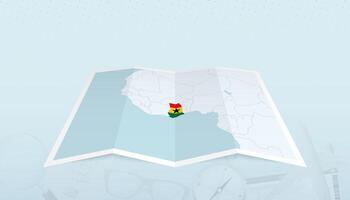 Map of Ghana with the flag of Ghana in the contour of the map on a trip abstract backdrop. vector