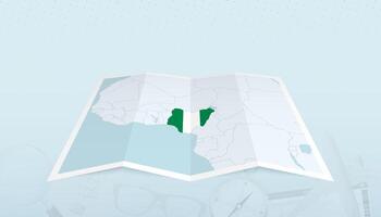 Map of Nigeria with the flag of Nigeria in the contour of the map on a trip abstract backdrop. vector