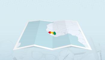 Map of Guinea with the flag of Guinea in the contour of the map on a trip abstract backdrop. vector