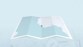 Map of Sierra Leone with the flag of Sierra Leone in the contour of the map on a trip abstract backdrop. vector