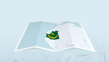 Map of Mauritania with the flag of Mauritania in the contour of the map on a trip abstract backdrop. vector