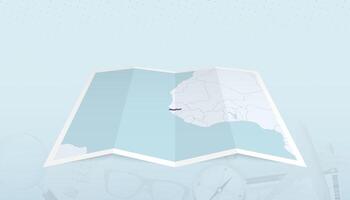 Map of Gambia with the flag of Gambia in the contour of the map on a trip abstract backdrop. vector