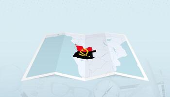 Map of Angola with the flag of Angola in the contour of the map on a trip abstract backdrop. vector