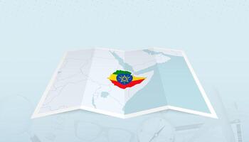 Map of Ethiopia with the flag of Ethiopia in the contour of the map on a trip abstract backdrop. vector