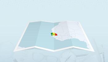 Map of Senegal with the flag of Senegal in the contour of the map on a trip abstract backdrop. vector