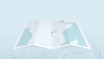 Map of Rwanda with the flag of Rwanda in the contour of the map on a trip abstract backdrop. vector