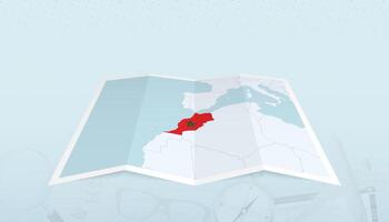 Map of Morocco with the flag of Morocco in the contour of the map on a trip abstract backdrop. vector