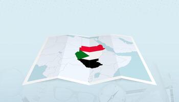 Map of Sudan with the flag of Sudan in the contour of the map on a trip abstract backdrop. vector