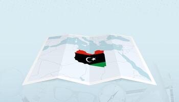 Map of Libya with the flag of Libya in the contour of the map on a trip abstract backdrop. vector