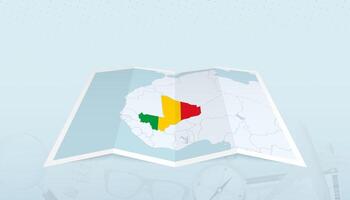 Map of Mali with the flag of Mali in the contour of the map on a trip abstract backdrop. vector