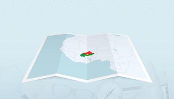 Map of Burkina Faso with the flag of Burkina Faso in the contour of the map on a trip abstract backdrop. vector