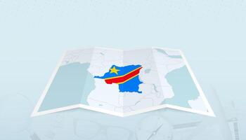 Map of DR Congo with the flag of DR Congo in the contour of the map on a trip abstract backdrop. vector