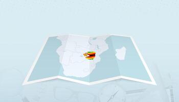 Map of Zimbabwe with the flag of Zimbabwe in the contour of the map on a trip abstract backdrop. vector