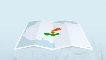 Map of Niger with the flag of Niger in the contour of the map on a trip abstract backdrop. vector