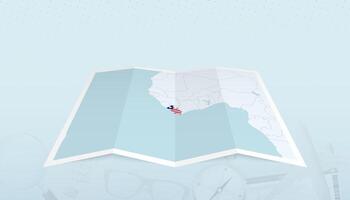 Map of Liberia with the flag of Liberia in the contour of the map on a trip abstract backdrop. vector