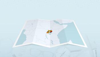 Map of Uganda with the flag of Uganda in the contour of the map on a trip abstract backdrop. vector
