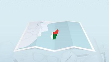 Map of Madagascar with the flag of Madagascar in the contour of the map on a trip abstract backdrop. vector
