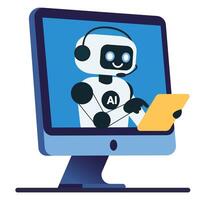 Cute chat bot with yellow tablet from monitor screen vector