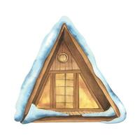 Triangular wooden houses for outdoor recreation A-frame with burning light in windows, cozy with snowy roofs. Watercolor winter illustration hand drawn. Separate element isolated from background. vector