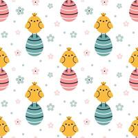 kids seamless pattern with easter eggs, chicks and flowers in flat design. Cute baby easter design on white background. Wrapping paper design. Kawaii easter seamless pattern. vector