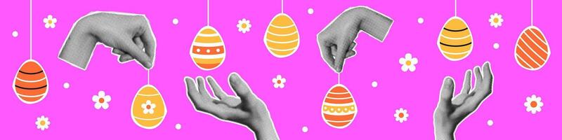 halftone hands hold easter eggs. Easter springtime celebration banner with hands holding eggs. Easter modern art with halftone effect. vector